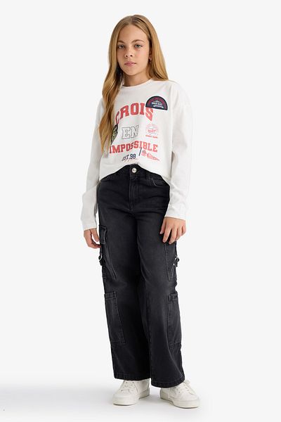 DeFacto Girls Oversize Wide Fit Crew Neck Printed Long Sleeve T-Shirt F7581A825Au