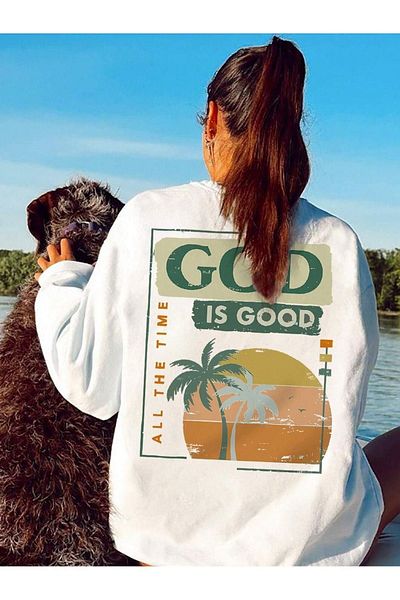 DUBU BUTİK God Is Good Winter Thick Sweatshirt - White Printed Oversize Thick Winter Crew Neck