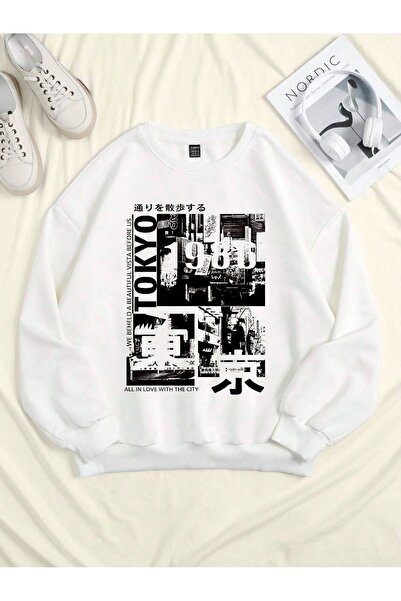 DUBU BUTİK Φούτερ Tokyo 1986 - Λευκή στάμπα Oversize Crew Neck