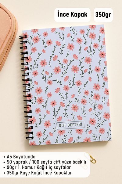 Eldesen Tasarım A5 Spiral Bound Unlined School Notebook, 50 Sheets 100 Pages, Cardboard Cover Notepad, Blue Floral