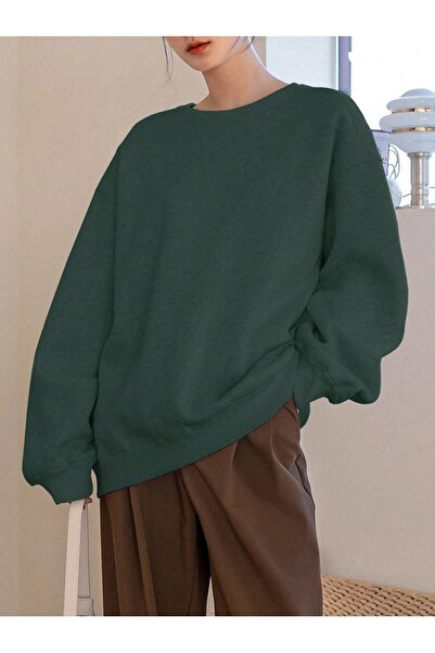 DUBU BUTİK Solid Color Sweatshirt - Nefti Green Oversize Thick Winter Crew Neck