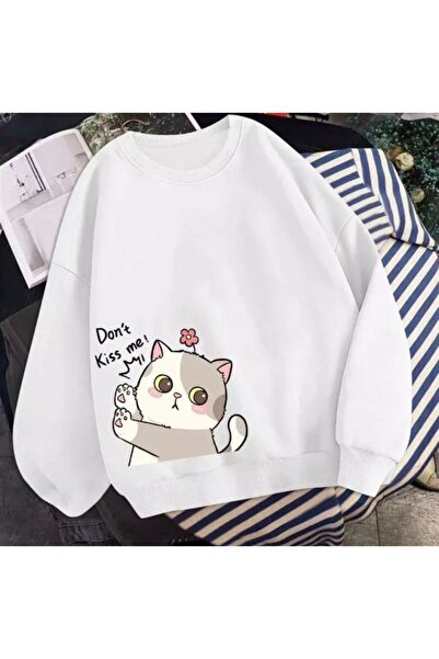 DUBU BUTİK سويت شيرت بتصميم قطة حلوة - أبيض مطبوع كبير الحجم برقبة دائرية شتوية