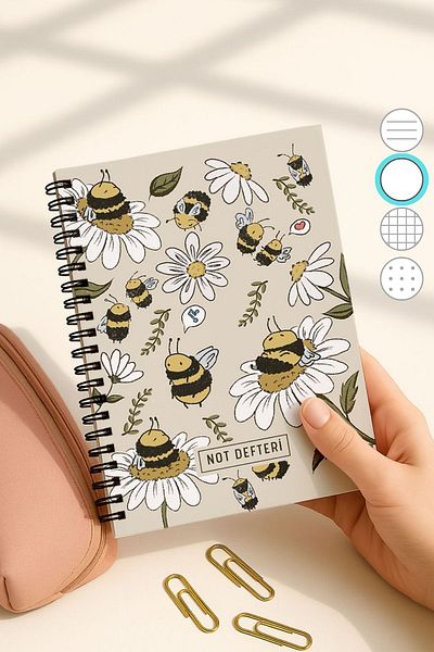 Eldesen Tasarım A5 Spiral Unlined School Notebook, 50 Sheets 100 Pages, Cardboard Cover Notepad, with Bee