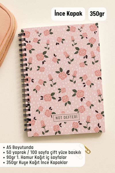 Eldesen Tasarım A5 Spiral Bound Unlined School Notebook, 50 Sheets 100 Pages, Cardboard Cover Notepad, Pink Floral