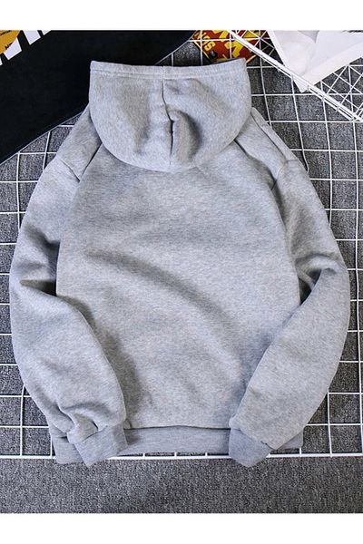 DUBU BUTİK Heart Rhythm Sweatshirt - Gray Printed Oversize Thick Winter Hoodie