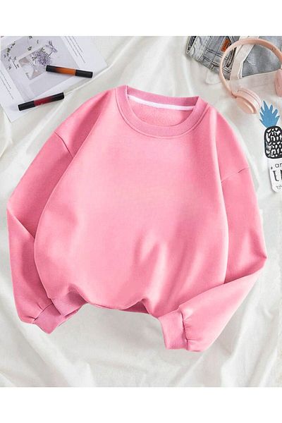 CLAYES Unprinted Plain Sweatshirt - Pink Thick Winter Ribbed Long Sleeve Oversize Crew Neck