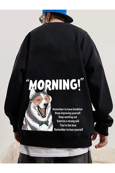 VBSVİBES Μαύρο Unisex Oversize Morning εμπριμέ φούτερ Crew λαιμόκοψη