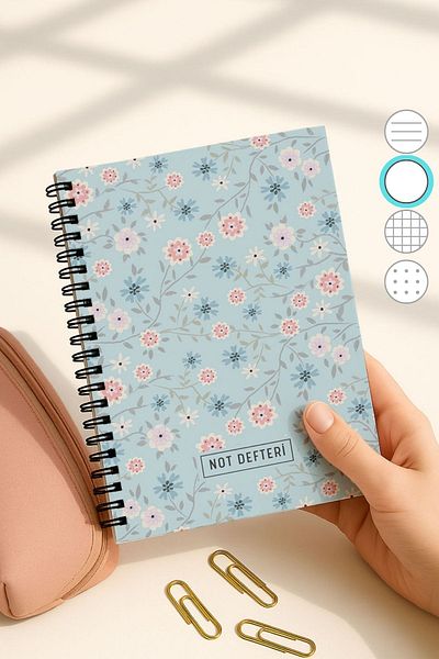 Eldesen Tasarım A5 Spiral Unlined School Notebook, 50 Sheets 100 Pages, Cardboard Cover Notepad, Blue Floral
