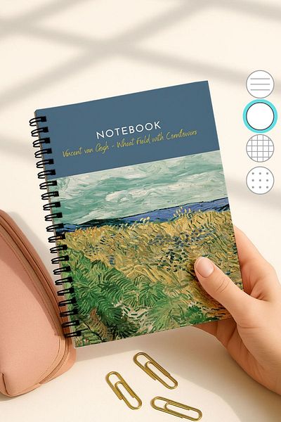 Eldesen Tasarım Van Gogh A5 Spiral Unlined School Notebook, 50 Sheets 100 Pages, Cardboard Cover Notepad, Flowers