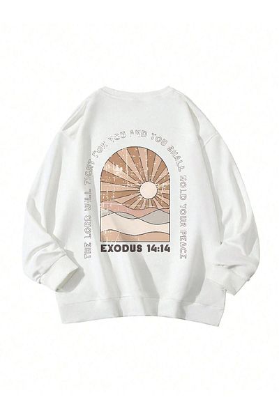 DUBU BUTİK Exodus 14:14 Winter Thick Sweatshirt - White Printed Oversize Thick Winter Crew Neck