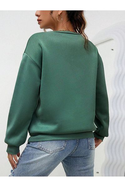 CLAYES Hanorac cu model de margarete cu design de buzunar - Nefti verde imprimat supradimensionat gros de iarnă cu gât crepus
