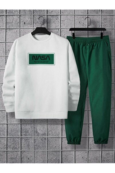 DUBU BUTİK Nasa Unkown Tracksuit Set Толстовка Jogger - біла сорочка з принтом Nephti Green Shirt Crew Neck