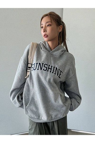 DUBU BUTİK Sunshine Sweatshirt - Gray Oversize Raised Cotton Thick Hoodie
