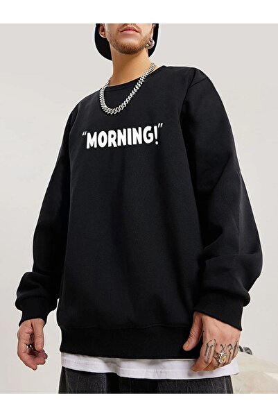 VBSVİBES سويت شيرت أسود كبير الحجم مطبوع عليه صباح للجنسين برقبة دائرية