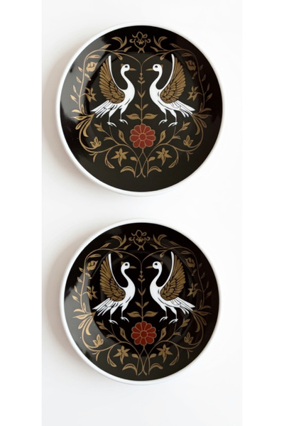 Motiff 15 cm 2 Pieces Decorative Porcelain Plate with Bird Motif – Traditional Pattern on Black Background