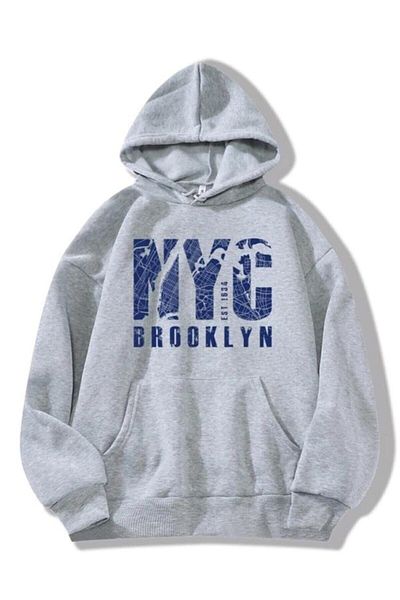 VBSVİBES Unisex Nyc Printed Oversize Gray Hooded Sweatshirt.