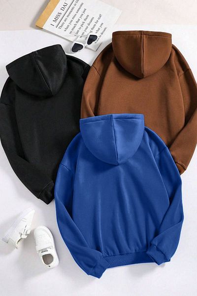 CLAYES 3-Piece Plain Basic Thick Winter Sweatshirt - Black Brown Sax Blue Oversize Hood
