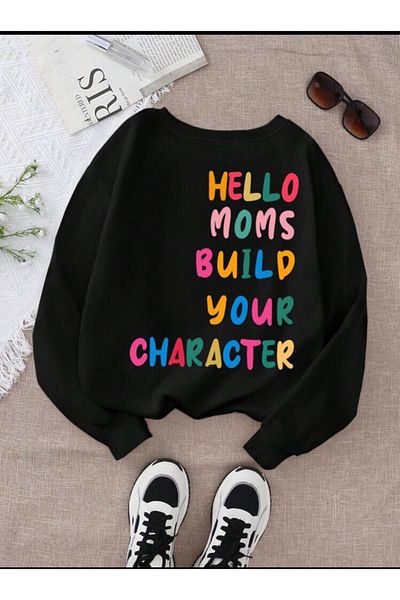 VBSVİBES Дамски суитшърт с кръгло деколте и щампа HELLO MOM BUILD, голям размер, черен