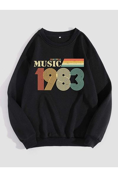 VBSVİBES Unisex Oversize Black 1983 Music Printed Crew Neck Sweatshirt