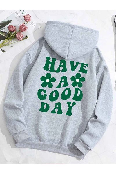 DUBU BUTİK Papatya Good Day Sweatshirt - Gray Printed Oversize Thick Winter Hoodie