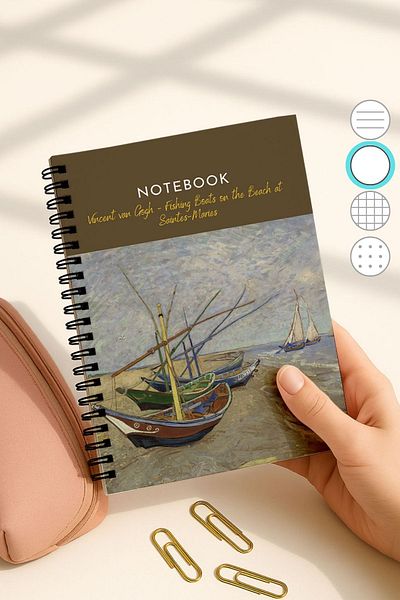 Eldesen Tasarım Van Gogh A5 Spiral Unlined School Notebook, 50 Sheets 100 Pages, Cardboard Cover Notepad, Boats