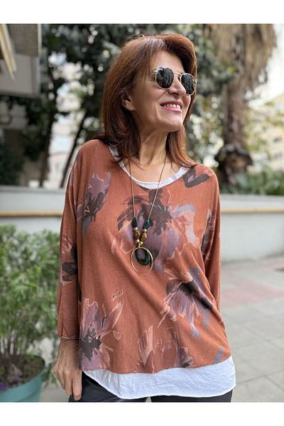 DenizEge Italian Floral Patterned Blouse Cinnamon
