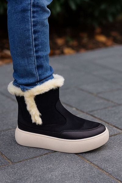 kids A more Pamela Girl's Genuine Leather Fur Detailed Zippered Black Color Boots