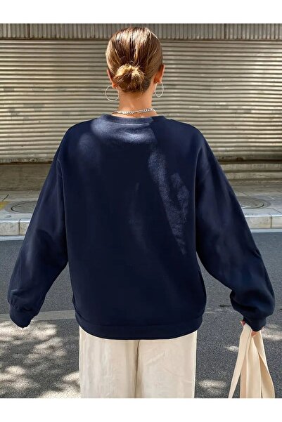 CLAYES Navy Blue Oversize Sweatshirt - Minimal Bow Printed, Crew Neck
