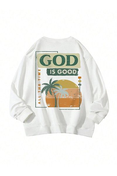 DUBU BUTİK God Is Good Winter Thick Sweatshirt - White Printed Oversize Thick Winter Crew Neck