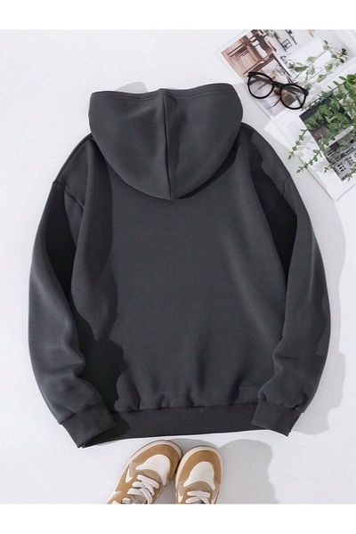 DUBU BUTİK Plain Basic Thick Winter Sweatshirt - Smoke Oversize Hooded