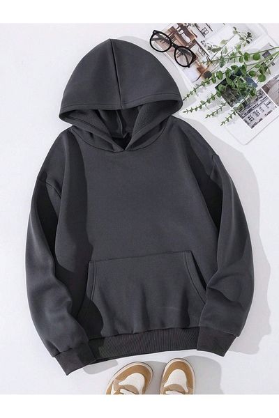 DUBU BUTİK Plain Basic Thick Winter Sweatshirt - Smoke Oversize Hooded
