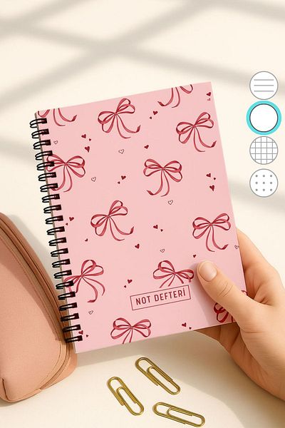 Eldesen Tasarım A5 Spiral Bound Unlined School Notebook, 50 Sheets 100 Pages, Cardboard Cover Notepad, Pink Bow