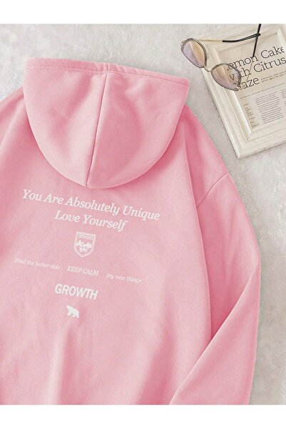 DUBU BUTİK Φούτερ Growth Keep Calm - Ροζ εμπριμέ χοντρή χειμερινή κουκούλα