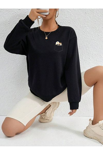 CLAYES Φούτερ με σχέδιο τσέπης Daisy Pattern - Μαύρη στάμπα, χοντρή χειμερινή λαιμόκοψη