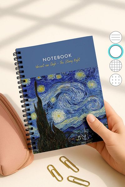 Eldesen Tasarım Van Gogh A5 Spiral Unlined School Notebook, 50 Sheets 100 Pages, Cardboard Cover Notepad, Night