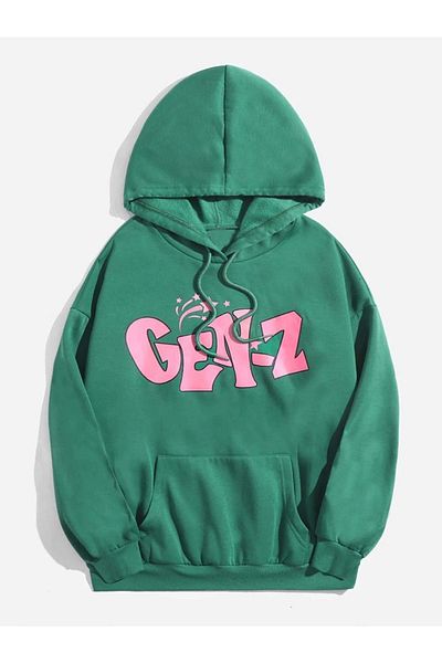 CLAYES Hanorac verde oversize cu glugă - Imprimat Gen-z