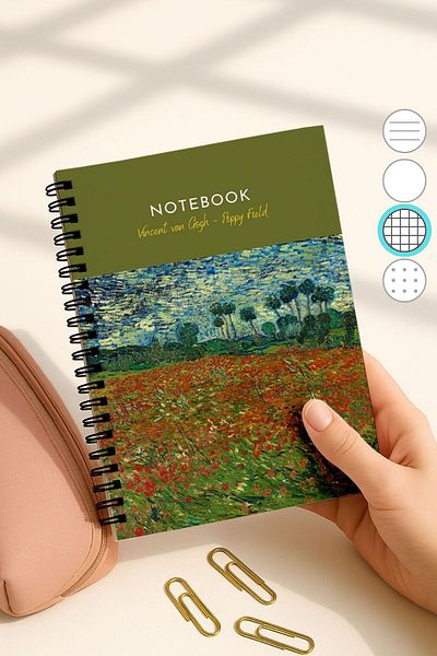 Eldesen Tasarım Van Gogh A5 Spiral Checkered School Notebook, 50 Sheets 100 Pages, Cardboard Cover Notepad, Poppy