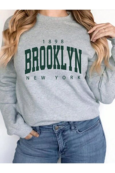 DUBU BUTİK Hanorac 1898 Brooklyn - Gri Imprimat Oversize Gros Winter Crew Gât