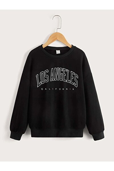 DUBU BUTİK Φούτερ Los Angeles - Μαύρη στάμπα Oversize Crew Neck