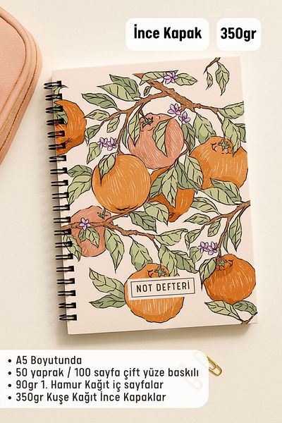 Eldesen Tasarım A5 Spiral Checkered School Notebook, 50 Sheets 100 Pages, Cardboard Cover Notepad, Orange