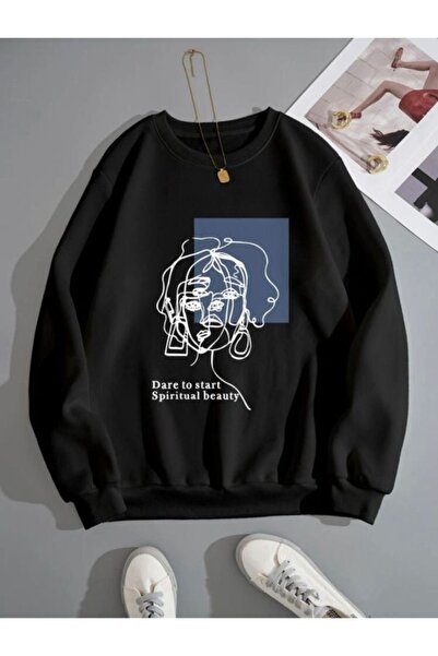 DUBU BUTİK Духовна линия Фигура Суитшърт - Черно Отпечатано Овърсайз Дебело З...