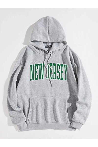 DUBU BUTİK Φούτερ New Jersey - Γκρι στάμπα Oversize Hooded