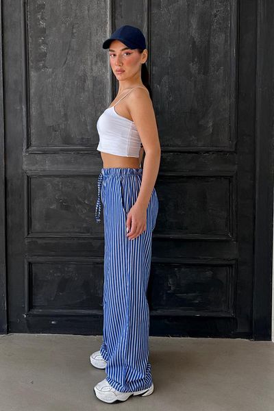 Madmext Navy Blue Adjustable Waist Striped Pocket Wide Leg Women's Trousers Mg2312