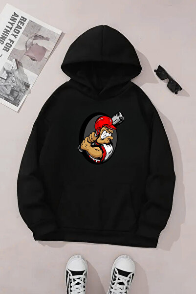 DUBU BUTİK Hanorac unisex negru cu glugă – țesătură groasă cu imprimeu de bas...