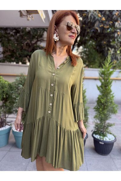 DenizEge L-Ruffled Viscose Dress Khaki