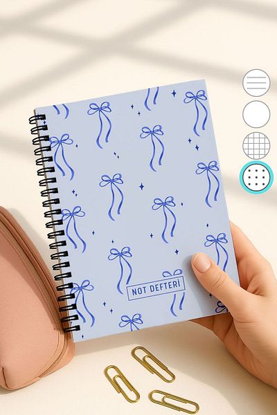 Eldesen Tasarım A5 Spiral Dotted School Notebook, 50 Sheets 100 Pages, Cardboard Cover Notepad, Blue Bow
