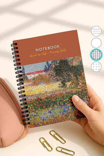 Eldesen Tasarım Van Gogh A5 Spiral Checkered School Notebook, 50 Sheets 100 Pages, Cardboard Cover Notepad, Garden