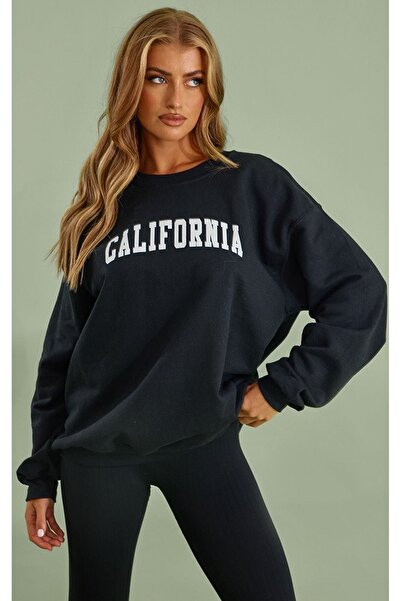 DUBU BUTİK Φούτερ California Letter - Μαύρη στάμπα Oversize Crew Neck
