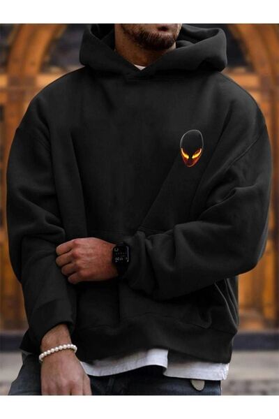 DUBU BUTİK Hanorac negru cu logo Alien - Hanorac supradimensionat