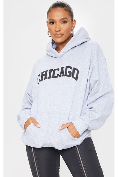 DUBU BUTİK Chicago Sweatshirt - Gray Printed Oversize Hoodie